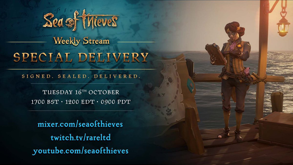 SeaOfThieves's tweet photo. Don't forget we have a brand new #SeaofThieves Weekly Stream coming tomorrow! Tune in at 5pm BST on Mixer, Twitch or YouTube to see @residentveg, @BIGsheep and this week's community guest @Capt_Logun going to town on Cargo Runs. https://t.co/fXPUqGjobY