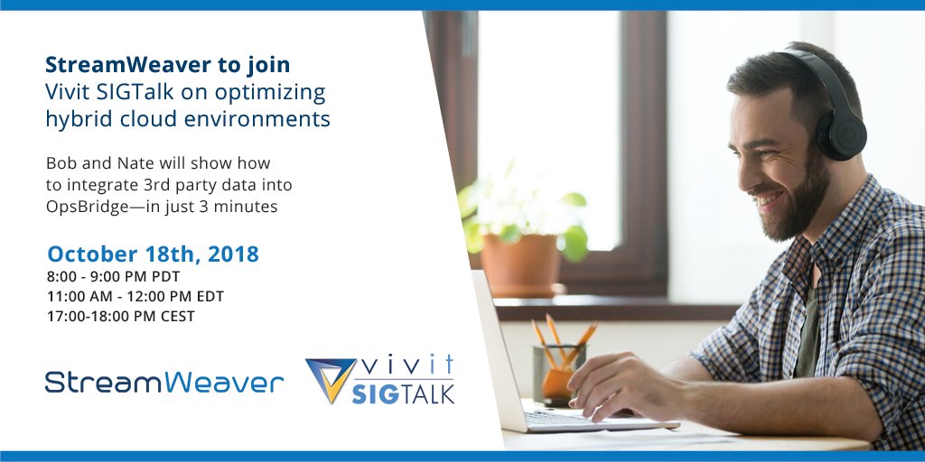 StreamWeaverIT's tweet photo. Excited to join in the #VivitSIGTalk on 10/18 with the #MicroFocus team @GaryBrandt @CarolPark &amp; @SaumyaUpadhyaya. We’ll be showing integration of 3rd party metric, event, logo and topo data into #OpsBridge – in just 3 minutes.  https://t.co/hKfBEaCY7j https://t.co/nUyF91t53q