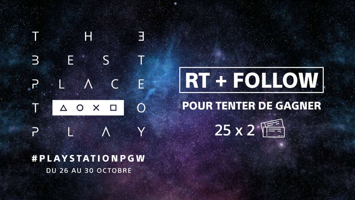 PlayStationFR's tweet photo. 🎁 CONCOURS #PLAYSTATIONPGW 🎟️
RT + Follow pour tenter de gagner 25x2 places pour la #ParisGamesWeek 2018 !
TAS le 22/10 👉 https://t.co/XC5ZKSpCUv
Bonne chance 🍀 https://t.co/lHEdT1Yr38