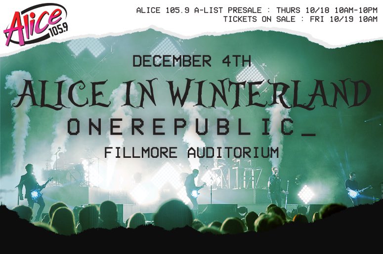 Dec 4 <a href="/FillmoreDEN/">Fillmore Auditorium</a> with <a href="/alice1059/">Alice 105.9</a>! 
Presale 10/18 @ 10a local
On sale 10/19 @ 10a local