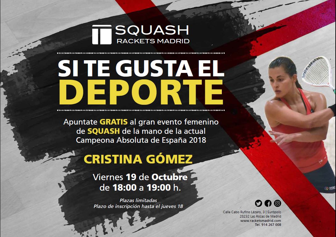 Rackets Madrid (@racketsmadrid) on Twitter photo Mujer y deporte en <a href="/racketsmadrid/">Rackets Madrid</a>
<a href="/cris_gomez98/">Cristina Gómez</a> , actual Campeona de España, dará un clinic de iniciación al #squash dirigido a todas las que queráis conocer este deporte de la mano de toda una número uno. Apuntaos en la recepción del club o con mensaje a hola@racketsmadrid.com Mujer y deporte en <a href="/racketsmadrid/">Rackets Madrid</a>
<a href="/cris_gomez98/">Cristina Gómez</a> , actual Campeona de España, dará un clinic de iniciación al #squash dirigido a todas las que queráis conocer este deporte de la mano de toda una número uno. Apuntaos en la recepción del club o con mensaje a hola@racketsmadrid.com