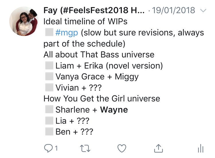 faynotfaye's tweet photo. Timeline as of October 16, 2018

2018
◻️#mgp revisions

2019
◻️Vanya Grace + Miggy
◻️Vivian + Pablo June draft
◻️Sharlene + Wayne revisions

Standby
◻️Lia + Ben
◻️Denise + Robin
◻️Elise + Terrence
◻️C + P https://t.co/kGQ7e5WoOq
