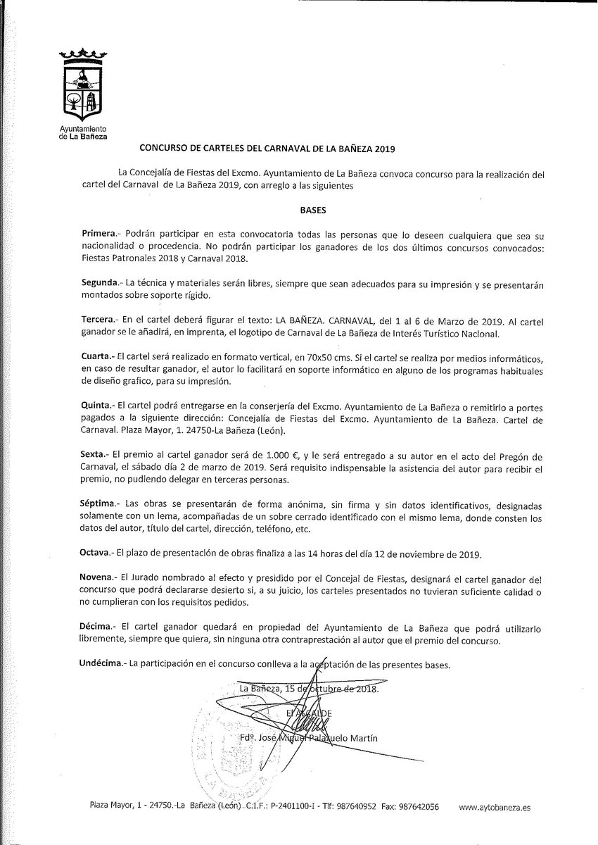 EL AYUNTAMIENTO CONVOCA EL CONCURSO PARA EL CARTEL DE CARNAVAL 2019. 
El premio: anunciar un Carnaval de Interés Turístico Nacional y también 1.000 euros.