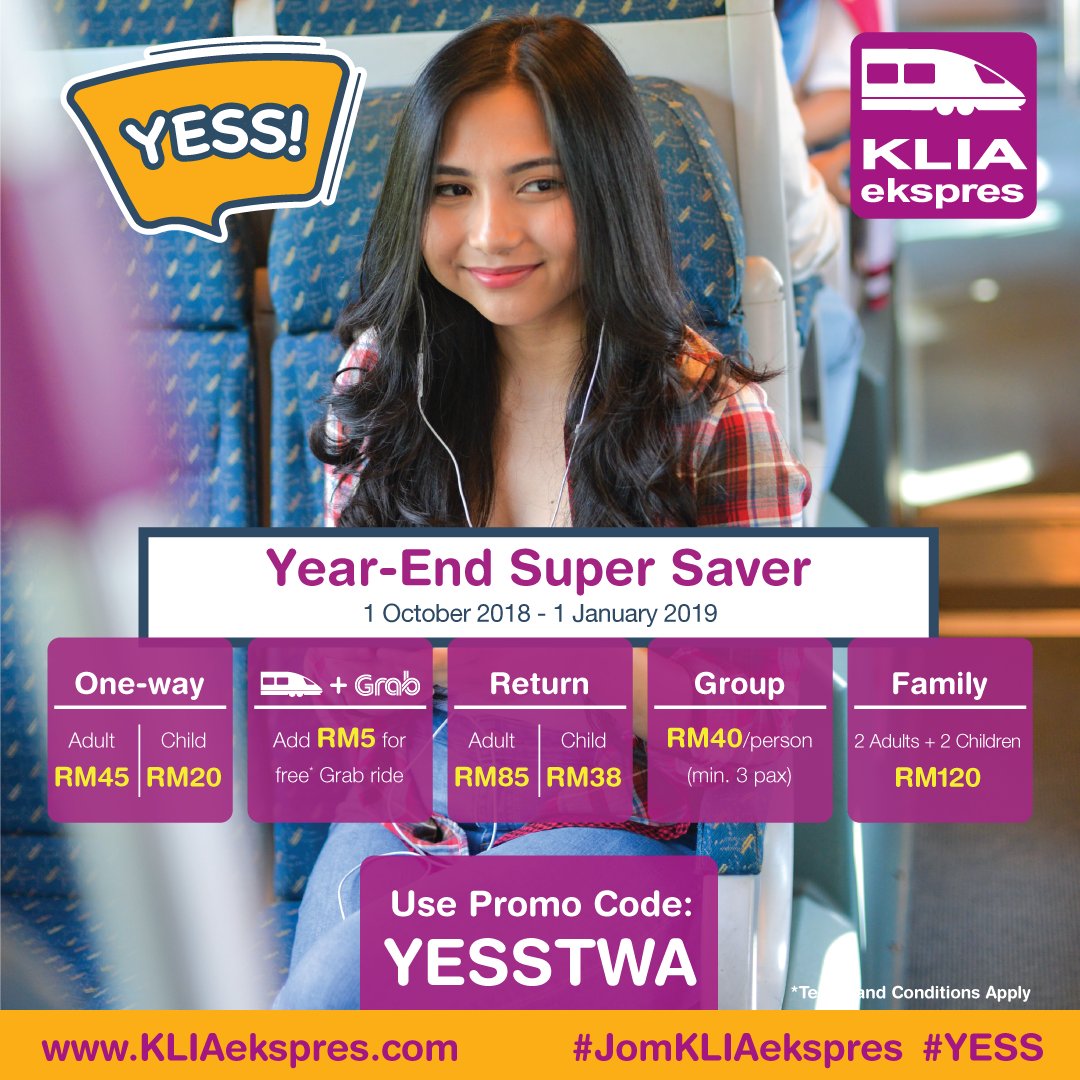KLIAekspres's tweet photo. Year-End Super Saver: Use our Promo Code YESSTWA for instant savings when you buy online on our website. Save, save, save! YESS!

Go to: https://t.co/qlXHuVaz7b

#JomKLIAekspres #YESS https://t.co/aOdHOfpcW1