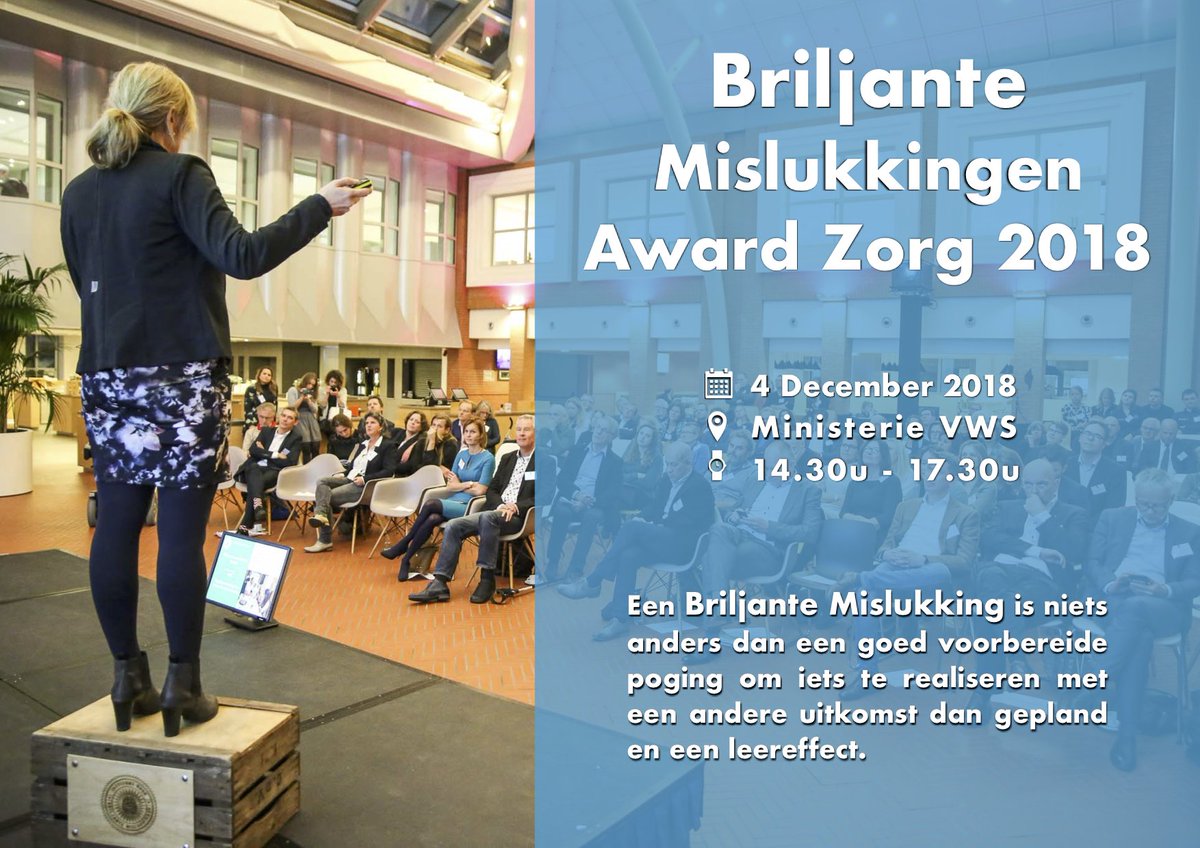 Samen leren van briljant mislukte innovatieprojecten in de zorg? Kom naar de award uitreiking en laat je inspireren. Meld je aan via: aanmelder.nl/briljantemislu….