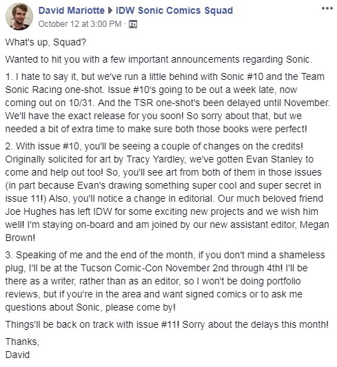 SonicSourceBlog's tweet image. October Titles Delayed! TSR and #10 out in November!
#IDWSonic #SonicSource #SEGA #SonicComics #IDW sonicsource.net/2018/10/15/oct…