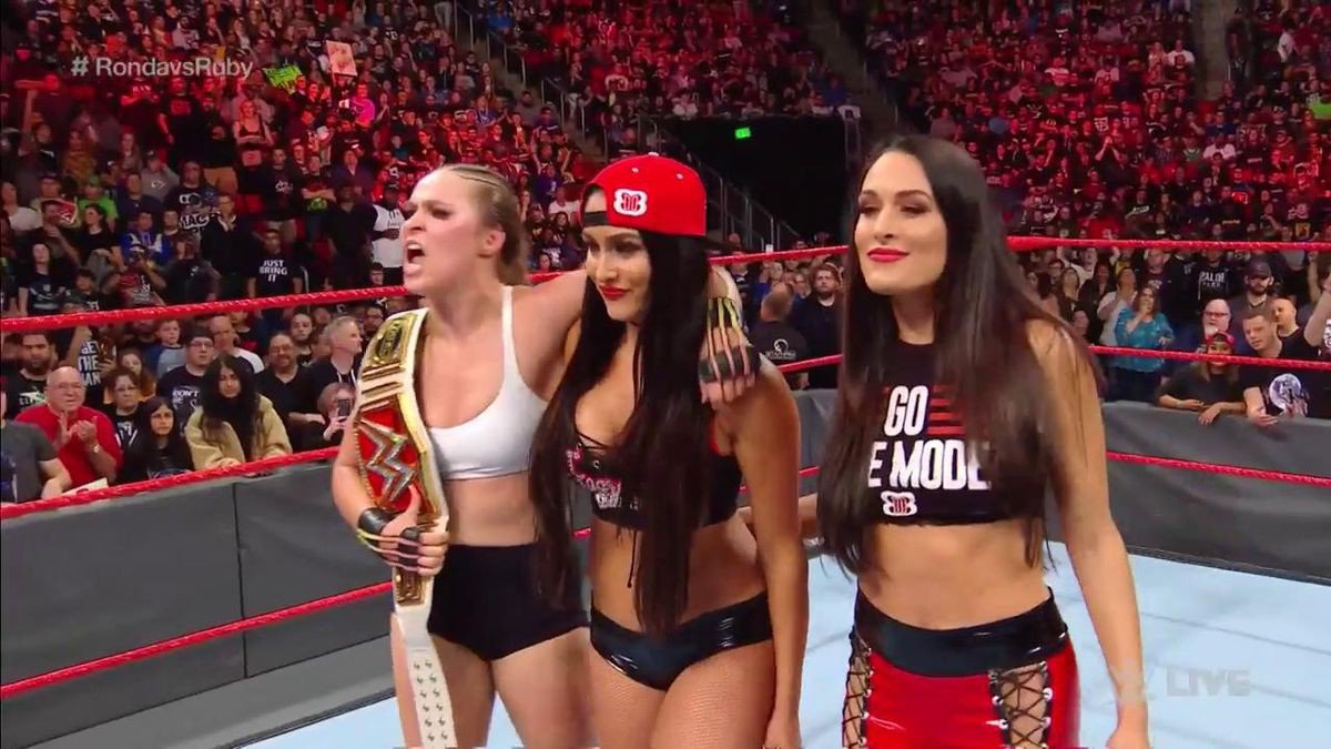 TWrestlingGirls's tweet photo. After last week's betrayal to @RondaRousey by the @BellaTwins, what do you think tonight's #Raw outcome will be between #NikkiBella and #RondaRousey? Are you #TeamBella or #TeamRousey #RackAttack2.0 or #Armbar https://t.co/5GmIX1nK8d