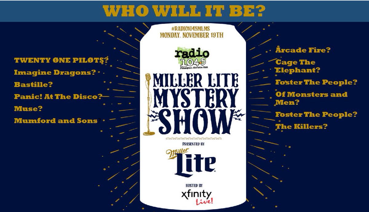 Alt1045Philly's tweet photo. First chance to download your FREE tix for Radio 104.5 @MillerLite Mystery Show is this Friday at noon!
#Radio1045MLMS
https://t.co/1DhAxe4of0 https://t.co/RS7rvMS41x