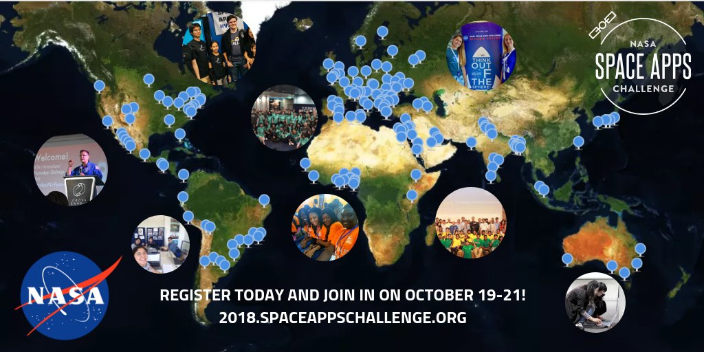 T-Minus 4 days until #SpaceApps 2018, NASA’s 7th annual global hackathon!

Find a challenge, build a team, and get started hacking for solutions to problems on Earth and in Space. 🌟 Beginners and experts welcome!

Sign up near you or virtually: 2018.spaceappschallenge.org/locations