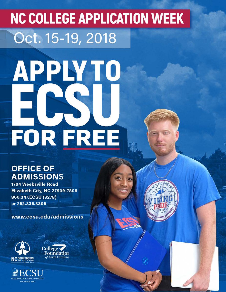 Elizabeth City State University (@ecsu) on Twitter photo #CollegeApplicationWeek is HERE 🎊Apply to ECSU Oct. 15-19 and we will waive your application fee! 
Apply now - ecsu.edu/admissions/ind…
 #ChooseECSU #VikingPride #CollegeApplicationWeek is HERE 🎊Apply to ECSU Oct. 15-19 and we will waive your application fee! 
Apply now - ecsu.edu/admissions/ind…
 #ChooseECSU #VikingPride