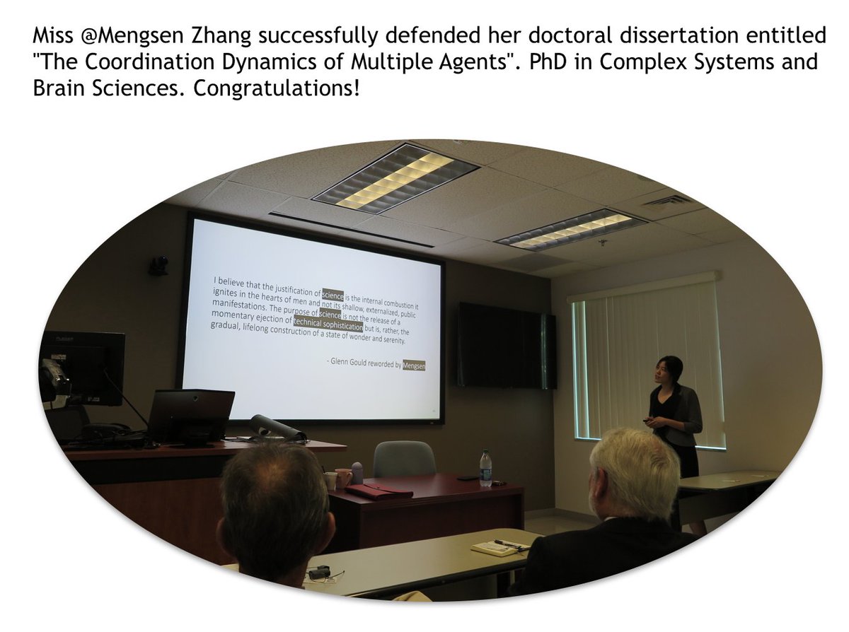 CCS_BS's tweet photo. The Center extends its proud Congratulations to @Mengsen Zhang who successfully defended her doctoral dissertation last week: "The Coordination Dynamics of Multiple Agents". A true asset to our department! Doctor @Mengsen Zhang, PhD in Complex Systems and Brain Sciences. https://t.co/3AmI8Cn9iZ