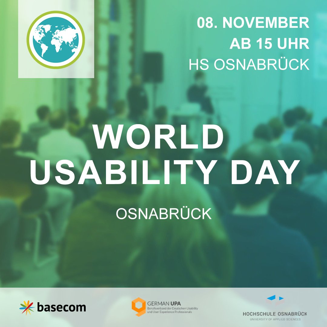 basecom's tweet image. Am 08.11.2018 veranstalten wir zusammen mit der @HS_Osnabrueck und der @germanupa bereits den zweiten World Usability Day in #Osnabrück. Jetzt anmelden und Tickets sichern: wudos.de !!! #forfree