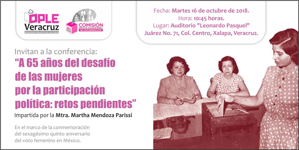 Cordialmente invitadas e invitados a la #Conferencia “A 65 años del desafío de las #Mujeres por la participación política: retos pendientes”

🗓 Martes 16/octubre 
⏰ 10:45 hrs
🏢 Auditorio Leonardo Pasquel

¡No faltes!