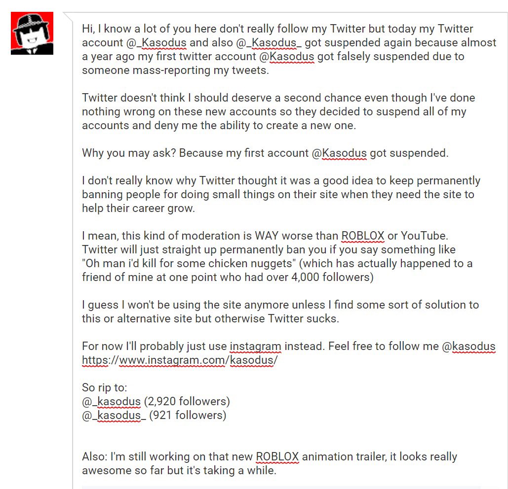 Zoom On Twitter Statement From Kasodus - roblox how to get someones free banned account youtube