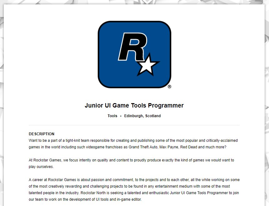 Rockstar North wants to hear from candidates who want to be part of our team and are interested in working with UI/UX, developing content creation tools, and helping us create efficient workflows: rsg.ms/b037a5e