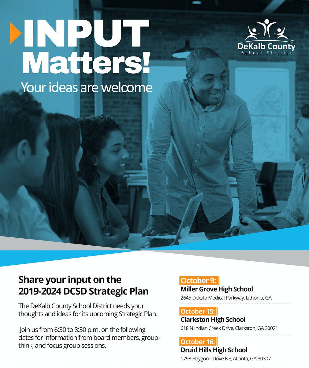 DeKalbSchools's tweet photo. Provide input on our next Strategic Plan at a community engagement session with our Board of Education. The next 2 sessions will be held today, 10/15 at Clarkston High and Tuesday, 10/16 at Druid Hills High. Learn more - https://t.co/QsL3bLD3Dl https://t.co/7MIZ560nrM