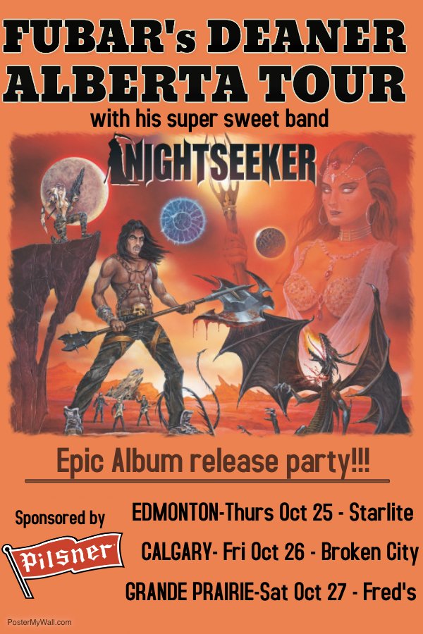 Dean_Murdoch's tweet photo. Me and my band Nightseeker in Alberta NEXT WEEK! Don't be a dummy, these shows will all sell out. Touring our new epic new album.  See links for tix.

Edmonton: https://t.co/3XH0qGRjlb

Calgary : https://t.co/iwtbQxYZkx

Grande Prairie: https://t.co/HgVS8ED4eT https://t.co/fczg7G5OLn