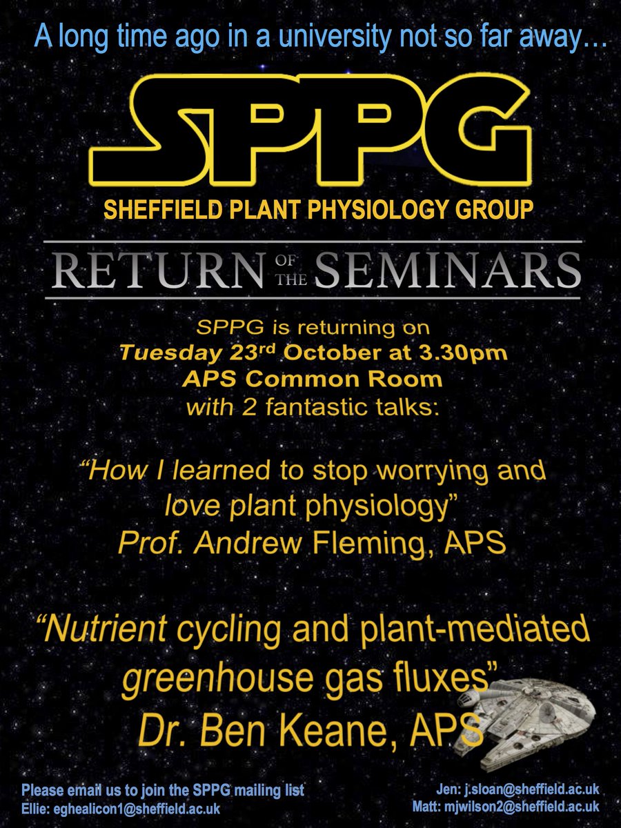 SPPG STRIKES BACK: we are happy to announce that after our summer hiatus SPPG is returning on October 23rd at 3.30pm in the @SheffieldAPS common room. 2 brilliant talks from Prof Andy Fleming and Ben Keane <a href="/fluxsoilsleaves/">Ben Keane</a> #plantscience #sppg