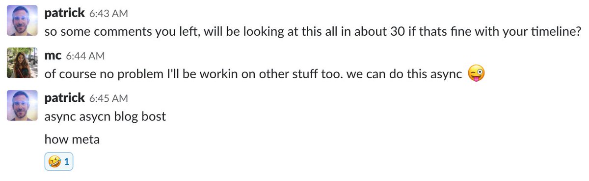 When you're collaborating w/ yo' co-worker on content about #AsynchronousCommunication between #microservices and you guys are also working on it async. 😂