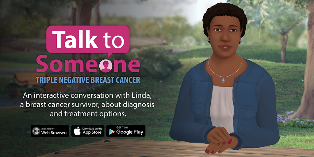 CDC_Cancer's tweet photo. If you’ve been recently diagnosed with triple negative #BreastCancer, you might have a lot of questions on your mind. Talk with Linda on our new interactive app - no question is too personal. https://t.co/pu0EET2J5a #BCSM #BCAM18 https://t.co/gG2A7pnLuW