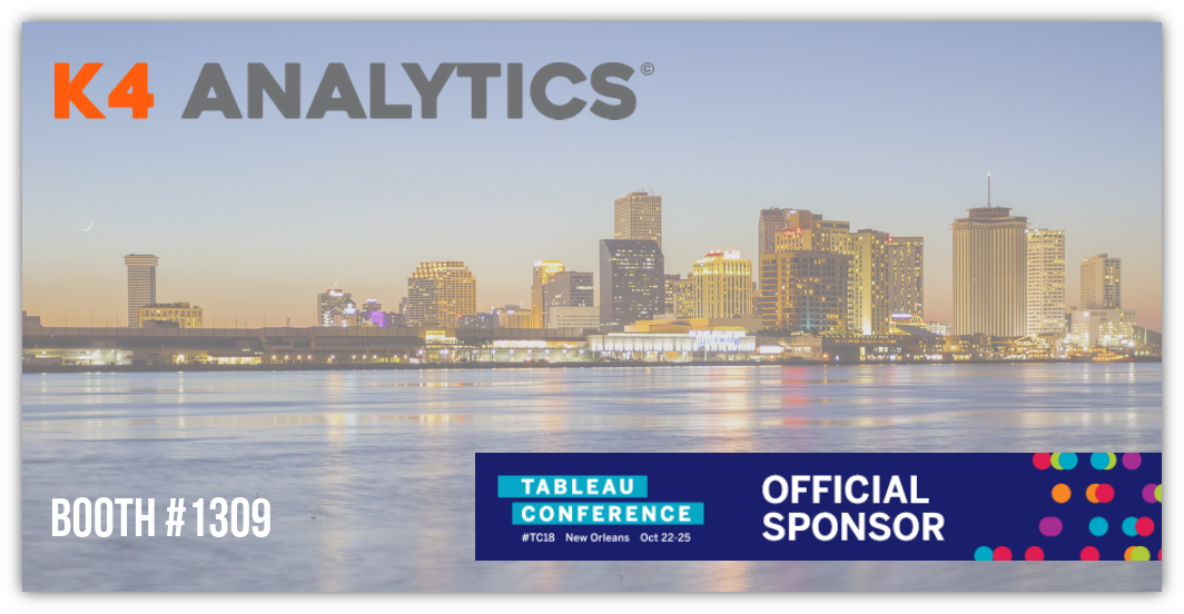 K4Analytics's tweet photo. And the countdown begins! In one week K4 Analytics will land in New Orleans for #TC18. Make sure to drop by our booth #1309 and discover data-entry and write-back for your Tableau dashboards! #tableau #k4analytics https://t.co/mPBuryKMj6