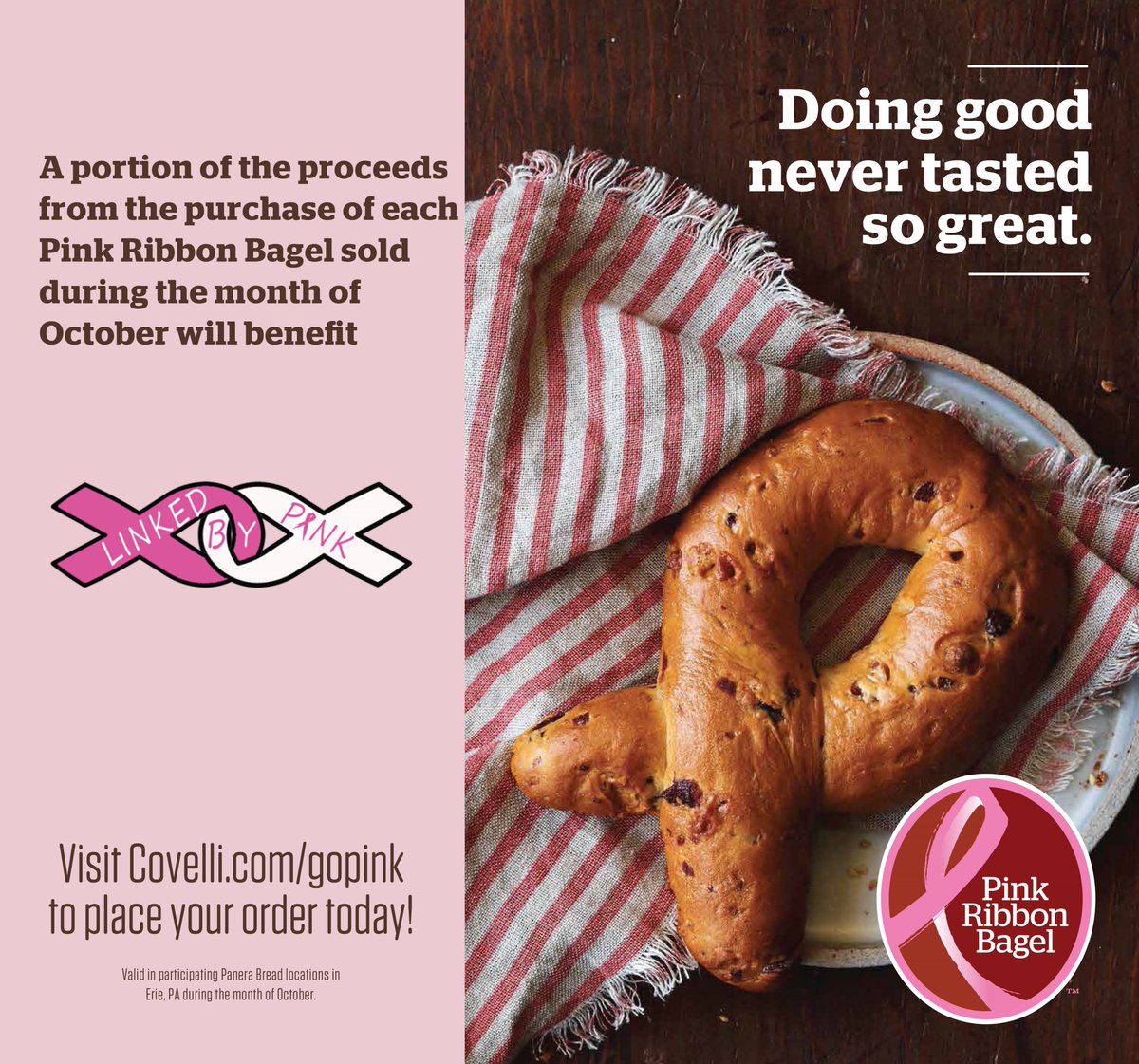 LinkedByPink's tweet photo. All October long, a portion of the proceeds from Pink Ribbon Bagel sales at the four Erie area @panerabread will benefit Linked By Pink! Thank you @CovelliJobs! #PinkRibbonBagels #BreastCancer 

You can pre-order your bagels here: https://t.co/luGhPu9Vs9 https://t.co/4u4EIkC4st
