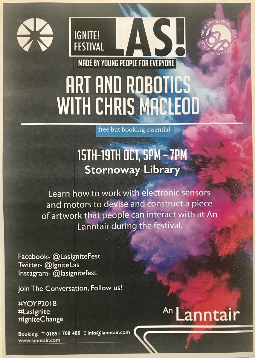Art and Robotics Workshops start tonight at 5pm! Don’t miss out. free workshops every night.A unique opportunity to gain skills in and learn about robotics!
lanntair.com/events/event/a… 
*Change of venue to An Lanntair art room for tonight’s session*
#YOYP2018 #LasIgnite #IgniteChange