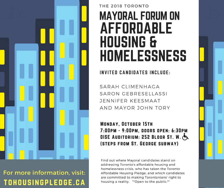 planningtoronto's tweet photo. Tonight! Find out how #TOelxn Mayoral candidates @SarahforMayorTO @SaronGeb @jen_keesmaat & @JohnTory plan to address #Toronto's #AffordableHousing & #Homelessness crises.
#TOHousingPledge #TOpoli https://t.co/RtjJNUvVWF