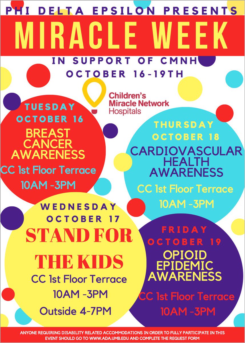 UMBPhiDE's tweet image. MIRACLE WEEK IS HERE! Please join us for each day from 10am -3pm in the Campus Center 1st Floor Terrace! All week we will be raising awareness and money for Boston Children's Hospital! #maalpha #phideltaepsilon #cmnh #cmnhospitals