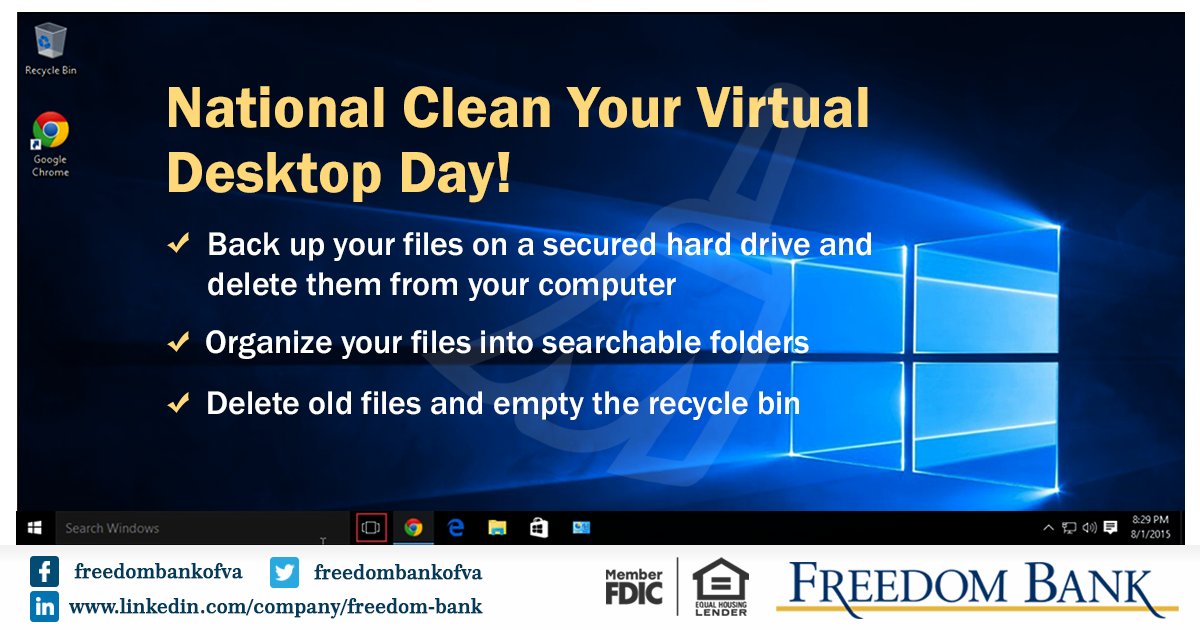 freedombankofva's tweet photo. Cleaning up your desktop can give your computer more speed and space. Follow these Freedom Tips to clean your desktop. #FreedomTips #NationalCleanYourDesktopDay https://t.co/OPRDYiXMQp