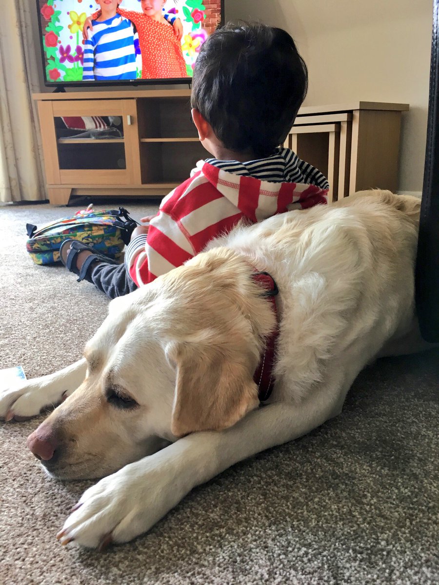 Kika fast asleep on the carpet with Amits son pushed up against her watching tv