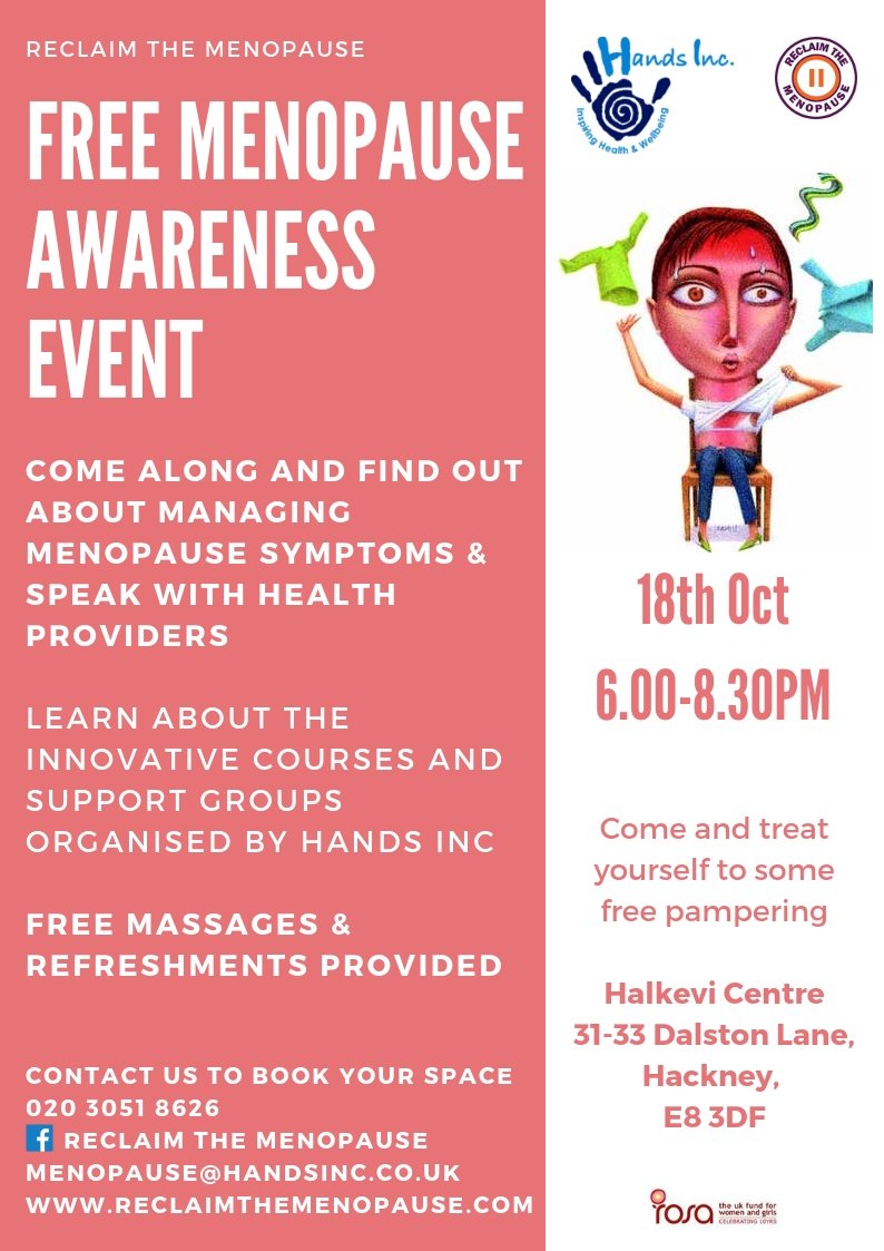 Another great #Menopause Awareness Event coming up next week in #Hackney. Fun and Games, massage tasters, stalls, performance. Book your free place now