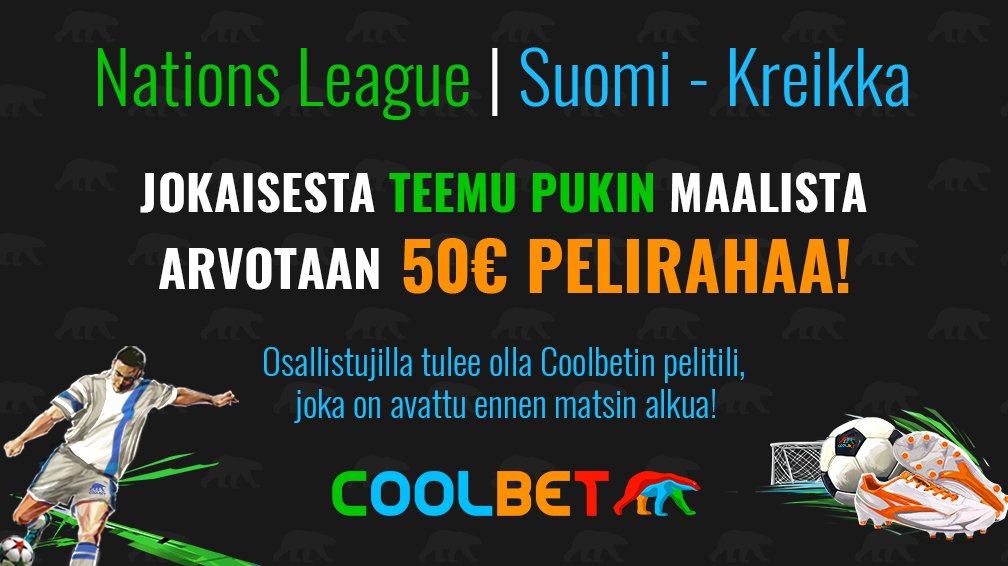 COOLBET-SKABA!

Suomi kohtaa tänään Kreikan! Jokaisesta Teemu Pukin tekemästä maalista arvotaan 50 € pelirahaa.

Olet mukana arvonnassa, kun painat RT ja seuraat @CoolbetSuomi Twitter-tiliä! #UNLfi #Huuhkajat
