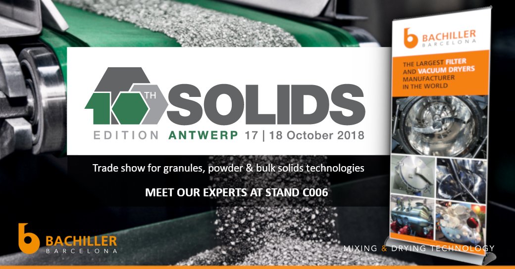 Bachiller_SA's tweet photo. Meet our experts at Solids Antwerp, Stand C006.
On 17-18 October, we will be present at the largest event gathering the offers and requests for technologies related to granules, powders and bulk solids in the Benelux.
#vacuumdrying #filtering #mixing
#solids #powder #granulation https://t.co/6m5eBPnc2W