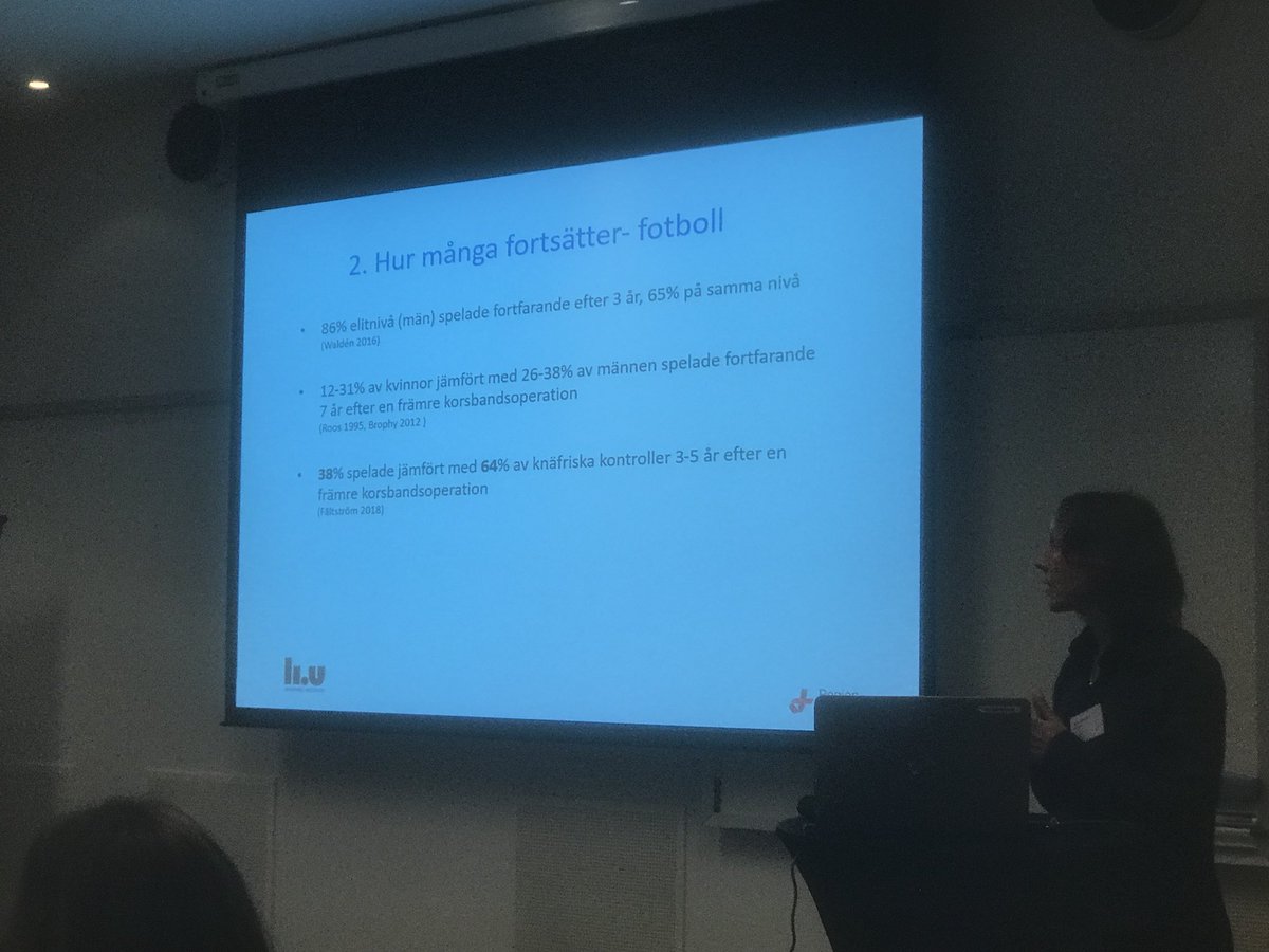 Anne Fältström: Korsbandsskadade fotbollstjejer har även om de återgår i fotboll kortare spelkarriär än spelare utan korsbandsskada #ACL #idrottsforskning2018