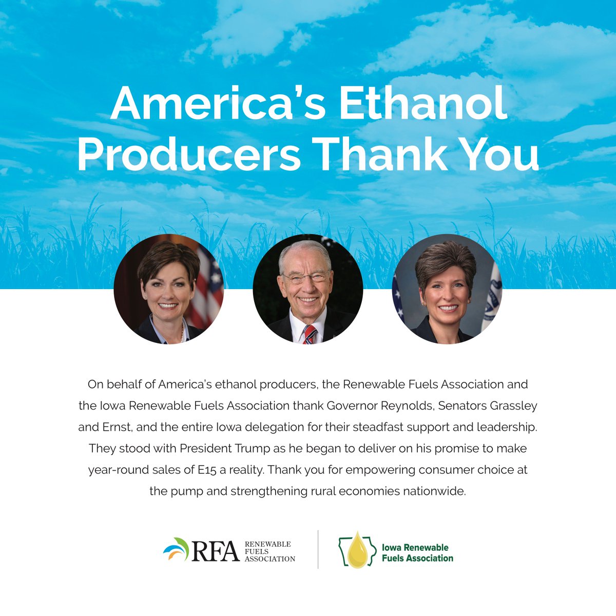 EthanolRFA's tweet image. Thank you @IAGovernor, @ChuckGrassley, and @SenJoniErnst. Your support made year-round #E15 a reality, fueling our rural economy and giving consumers a choice at the pump. We are proud to have sponsored this ad that ran in the @DMRegister on Sunday 10/14. #FuelYourKnowledge