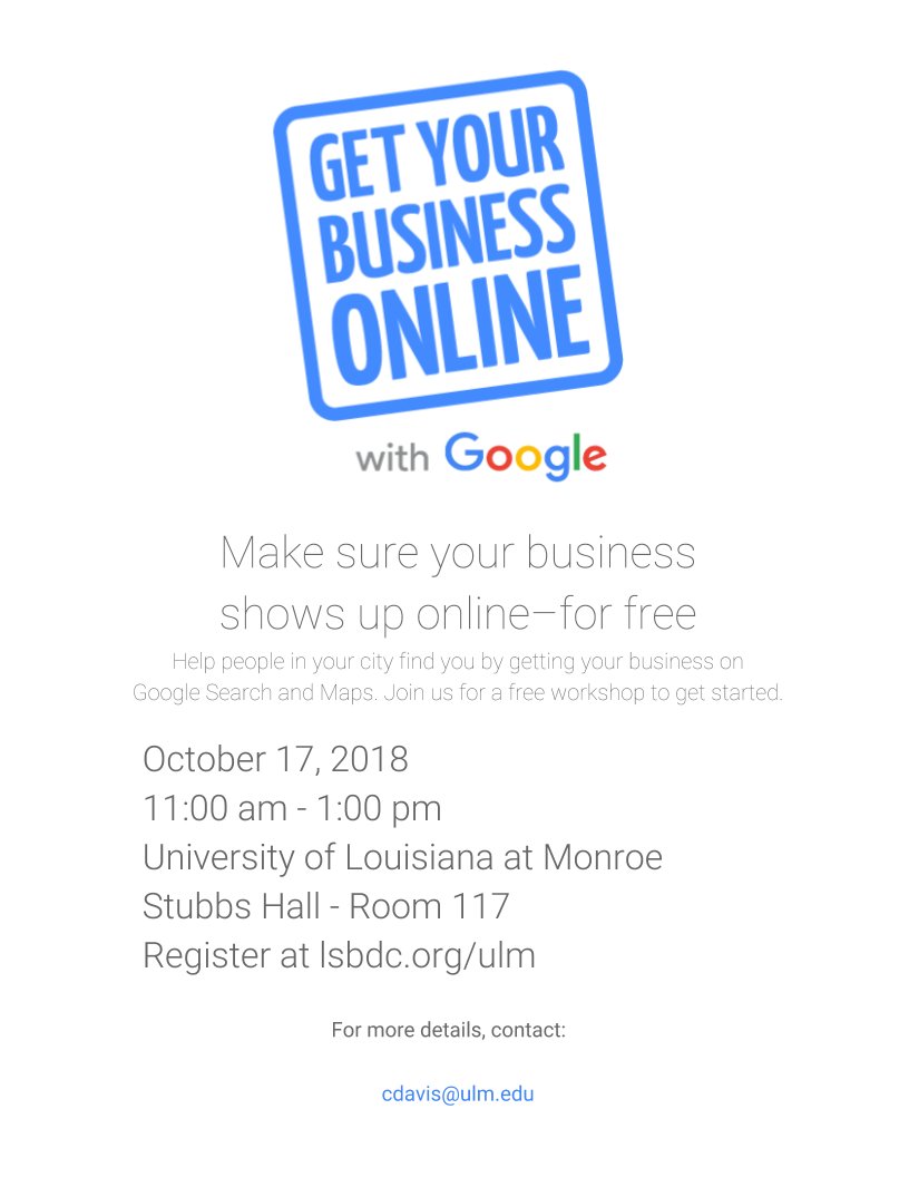 LSBDCULM's tweet image. Make sure you're here this Wednesday with LSBDC! We're hosting a workshop to show entrepreneurs how to get their business online with Google!
www2.lsbdc.org/reg.aspx?mode=…