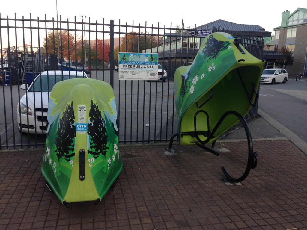 yourcitymotion's tweet photo. Bike lids! Nice design of weather + theft protection for bicycles in @CityofVancouver https://t.co/LluXCavgCk