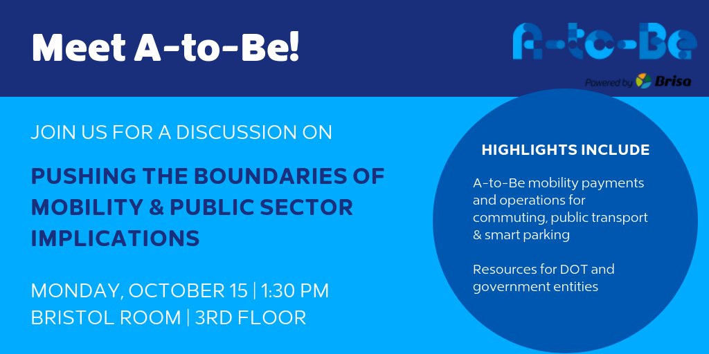 Join <a href="/A_to_Be/">A-to-Be</a> at #IBTTA Baltimore for a discussion on the future of #mobility and its implications for state and local transportation authorities. TODAY at 1:30 PM in the Bristol Room on the 3rd floor.