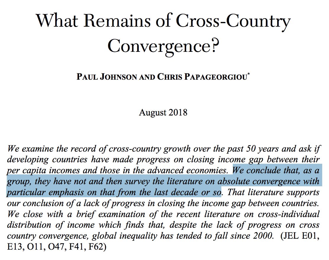 Here's the abstract of the forthcoming JEL review by Paul Johnson and Chris Papageorgiou, "What Remains of Cross-Country Convergence?" The conclusion is, "not much." https://www.aeaweb.org/articles?id=10.1257/jel.20181207&&from=f2/