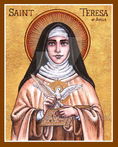 St. Teresa of Avila. 
These were my mother’s favorite quotes,  

“Find God in everything, even in the stewpots. You can pray even when you do the dishes.”

“May God protect me from gloomy saints.”

#StTeresaofAvila 

Be joyful today and see God journeying with you.