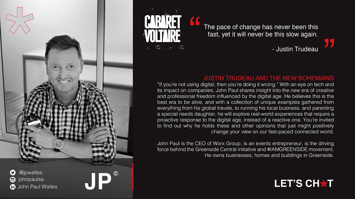 JPWaites's tweet image. Looking forward to being a speaker at Cabaret Voltaire on Thursday, Oct 18 at @TLCjhb! Excited to be sharing insights on the digital age - one of the most exciting era's to ever exist. If you're in and around the area - stop by!

Link for details: facebook.com/events/1808981…