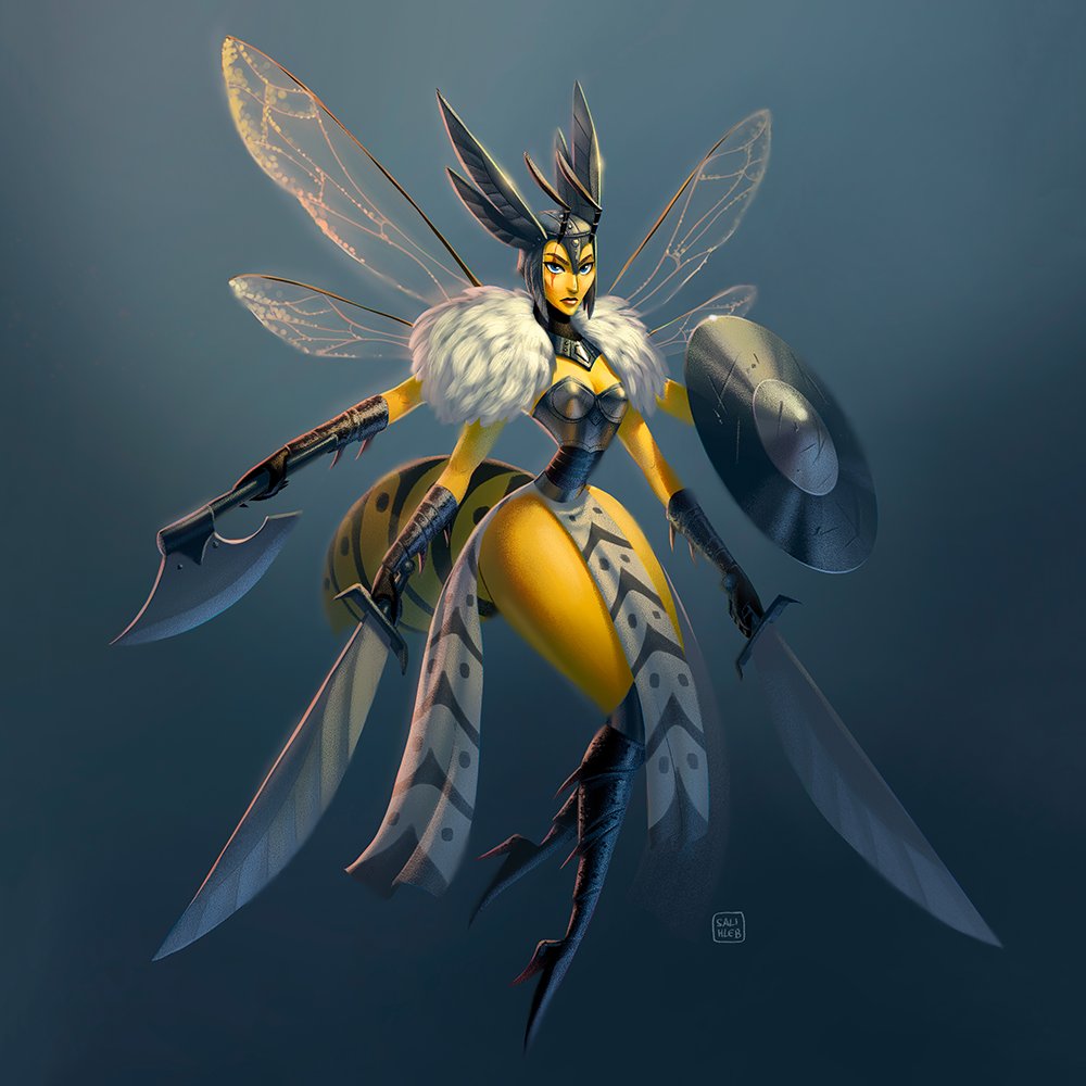 sarahlisahleb's tweet photo. It's finally finished - two months late 😅
This was actually for the #insectwarrior #characterdesignchallenge in August but I didn't manage to finish my wasp valkyrie earlier. For her design I wanted to create an experienced warrior with a strong attitude &amp;...well a wasp waist 😜 https://t.co/SaHzqa28Ef