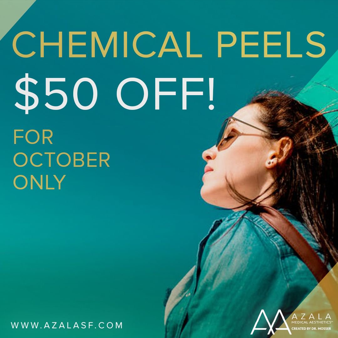 azalasf's tweet photo. Are you prone to hyperpigmentation or looking to treat uneven skin texture and tone? Chemical peels are the way to go and now is the time to do it. This month at Azala Medical Aesthetics, they’re $50 off! Promotion ends October 31st, so schedule your consultation today. https://t.co/a3vvVJnqeX