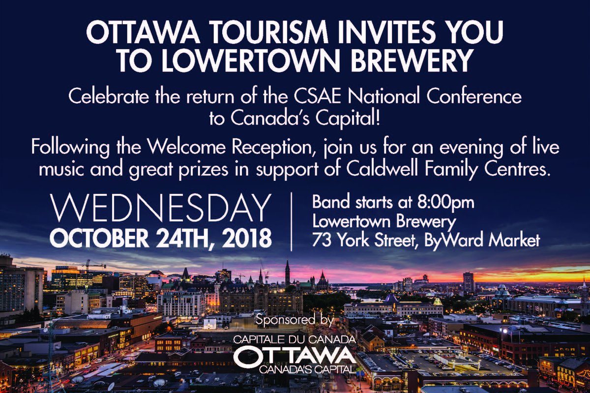 Support <a href="/CaldwellOttawa/">Caldwell Family Centre</a> and join us next Wednesday Oct 24, <a href="/Ottawa_tourism/">Ottawa Tourism</a> Partners are offering up some incredible prizes, $5 raffle tickets (or 5 for $20) will be available all night! Band starts at 8pm, <a href="/LowertownOttawa/">Lowertown Brewery</a>. All @csaeconnect members and YPs welcome!