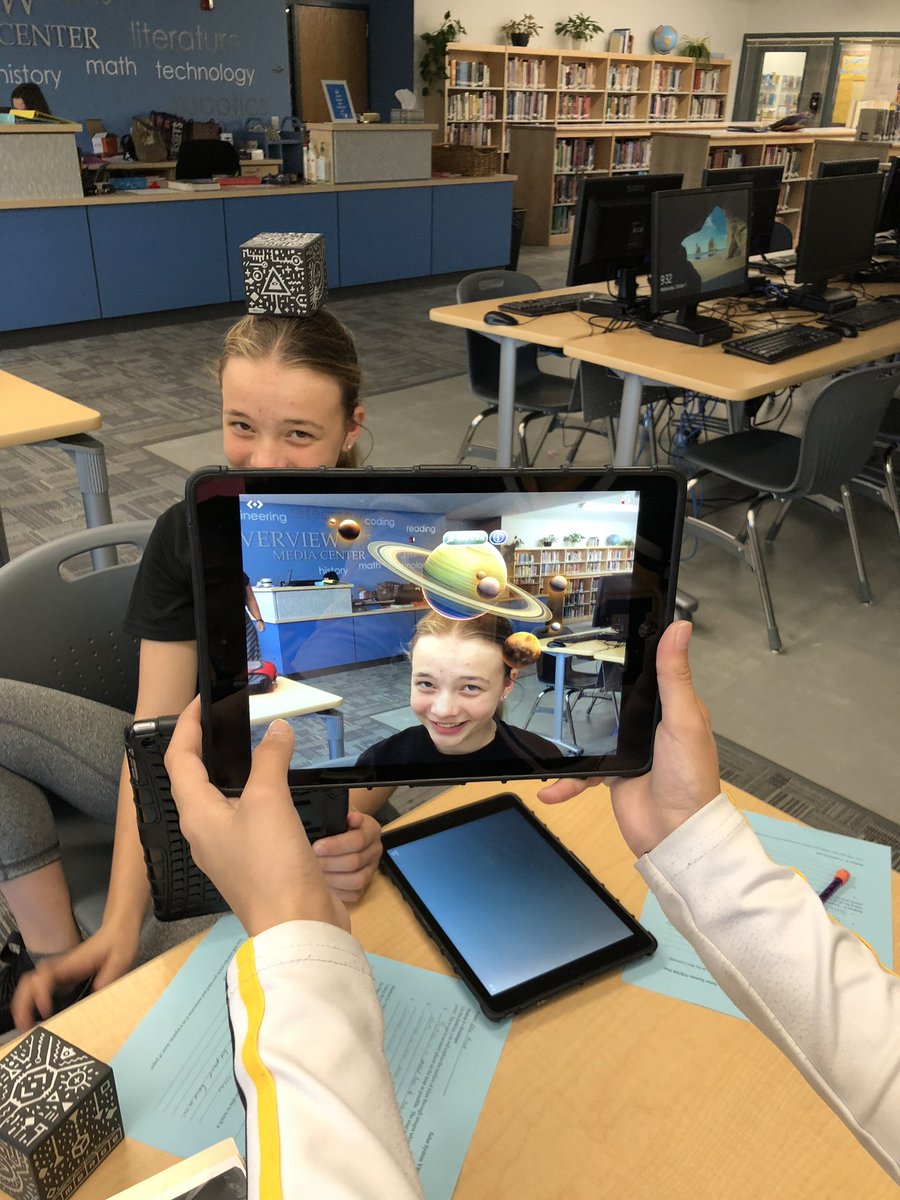 RHS_lib's tweet image. In addition to VR, students are learning through Augmented Reality (AR), using Merge Cubes. @rjshsraiders @MergeVR