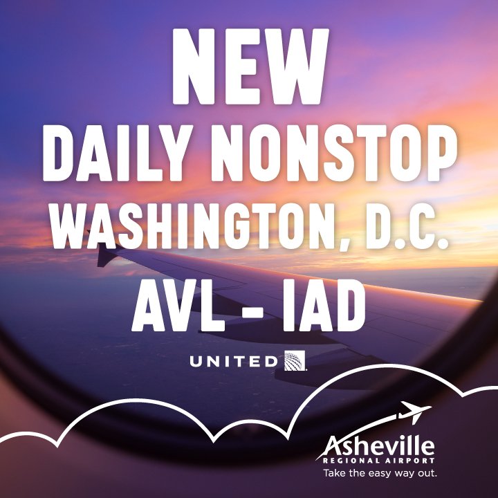 flyavlnow's tweet photo. You wanted it... You got it... New daily nonstop to @Dulles_Airport on @united! Book your trip today! #flyAVL #flyLOCAL #ThisIsBigNews #Celebrate https://t.co/IyudDybZBK