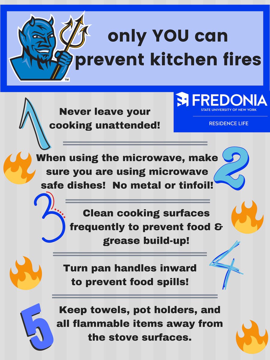 FredResLife's tweet image. The Blue Devil wants you to know that only you can prevent Kitchen Fires! Here are some important cooking tips to remember when cooking in the Halls to make it is safe for everyone 🔥 #fredreslife #firepreventionweek2018 #fredoniau