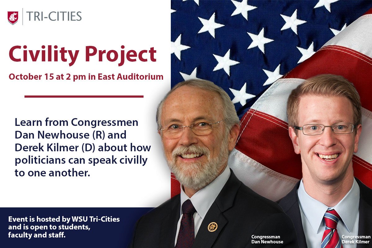 WSUTriCities's tweet photo. Join us today for a presentation by Congressmen @RepNewhouse and @RepDerekKilmer on how #politicians can speak civilly to one another.
2 p.m. in East Auditorium #politics #CivilityProject https://t.co/XT1809bauc