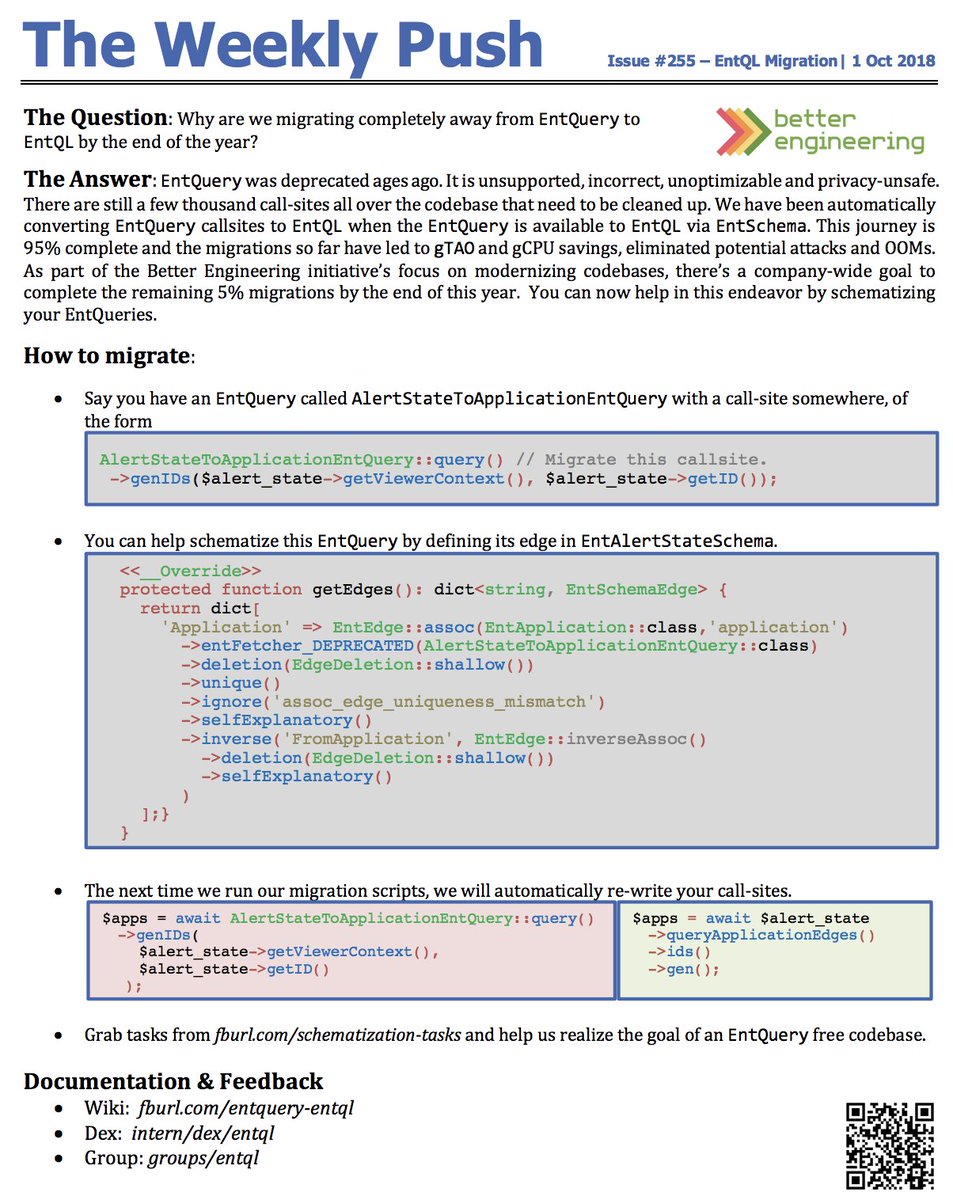 screenshot of an article entitled "Why are we migrating completely away from EntQuery to EntQL by the end of the year?"